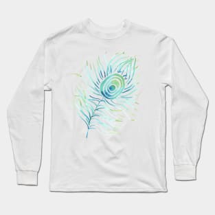 Turquoise Peacock Feather on White Long Sleeve T-Shirt